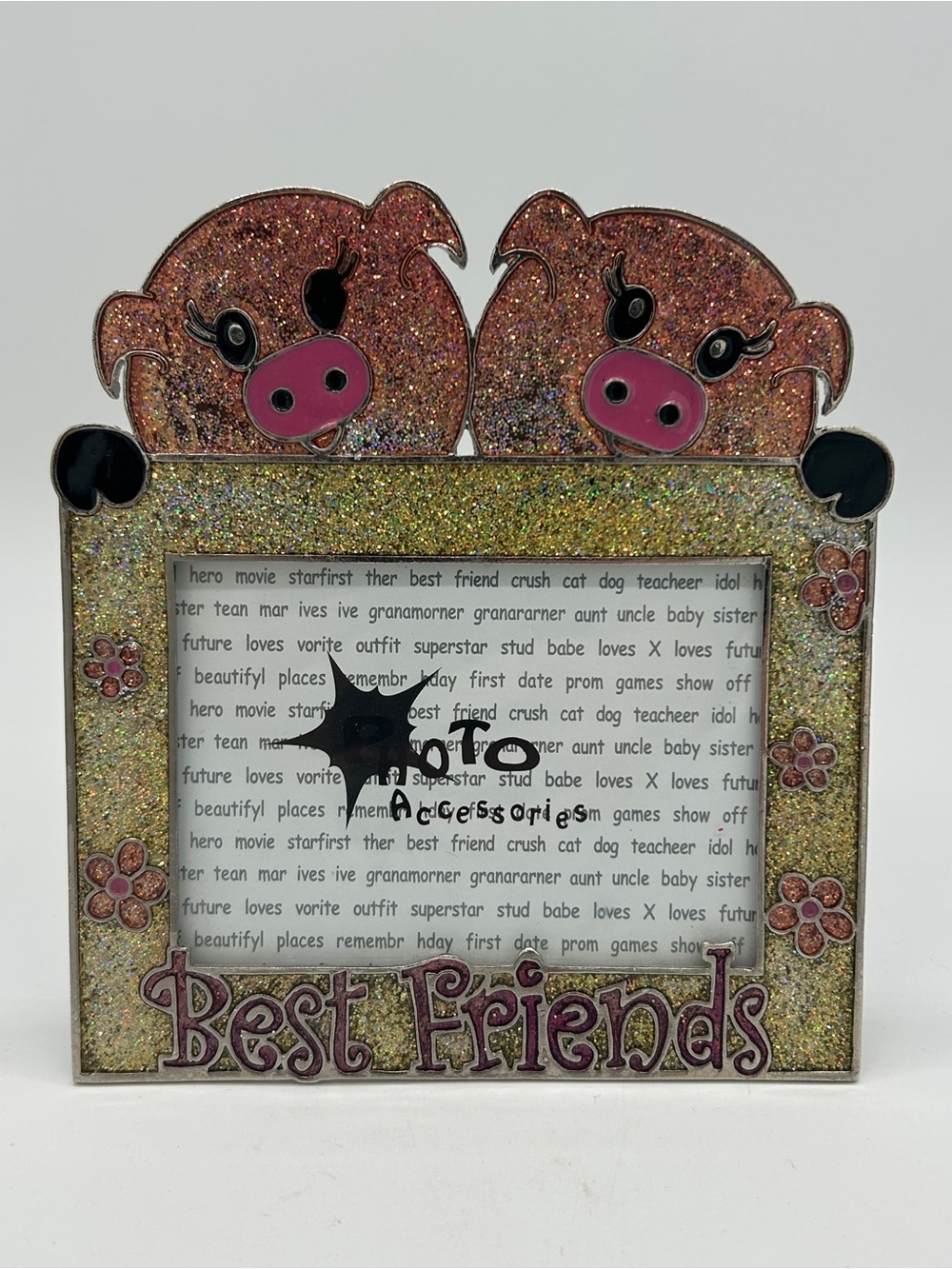 VTG Best Friends Pig Picture Frame Glitter Enamel Photo Accessories Pink Y2K